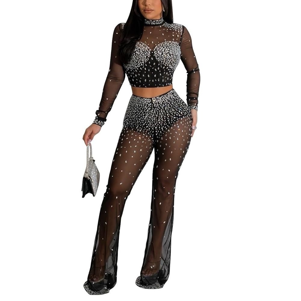 Women's Sexy Sparkling Rhinestones 2 Piece Outfit Mesh See Through Pants Shirt